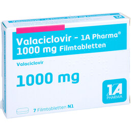 Abbildung: Valaciclovir 1A Pharma 1000 mg Filmtabletten 7 St, Filmtabletten PZN 05486295