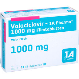 Abbildung: Valaciclovir 1A Pharma 1000 mg Filmtabletten 21 St, Filmtabletten PZN 05486303
