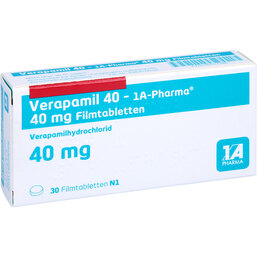 Abbildung: Verapamil 40 1A Pharma Filmtabletten 30 St, Filmtabletten PZN 05517386