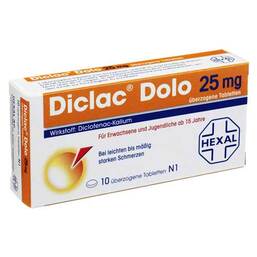Abbildung: Diclac Dolo 25 mg überzogene Tabletten Überzogene Tabletten, 10 St PZN 05954827