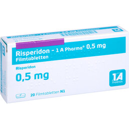 Abbildung: Risperidon 1A Pharma 0,5 mg Filmtabletten 20 St, Filmtabletten PZN 05992526