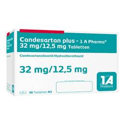 Abbildung: Candesartan plus 1A Pharma 32 mg / 12,5 mg Tabletten 98 St, Tabletten PZN 05996263