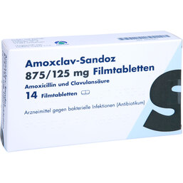 Abbildung: Amoxclav Sandoz 875 / 125 mg Filmtabletten 14 St, Filmtabletten PZN 06067063