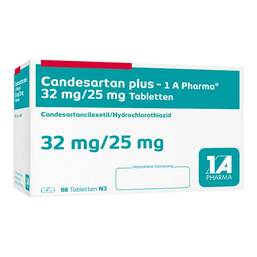 Abbildung: Candesartan plus 1A Pharma 32 mg / 25 mg Tabletten 98 St, Tabletten PZN 06079155