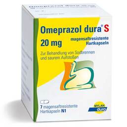 Abbildung: Omeprazol dura S 20 mg magensaftresistente Kapseln 7 St, Magensaftresistente Hartkapseln PZN 06100180