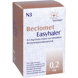 Abbildung: Beclomet Easyhaler 0,2 mg 2x200 Hub Inhalat.-Pulver 2 St, Inhalationspulver PZN 06101819