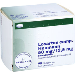Abbildung: Losartan comp. Heumann 50mg / 12,5mg Filmtabletten 98 St, Filmtabletten PZN 06142089