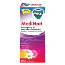 Abbildung: WICK MediNait Erkältungssirup mit Honig- und Kamillenaroma Sirup, 120 ml PZN 06156393