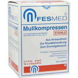 Abbildung: Mullkompressen ES 5x5 cm steril 8-fach 25X2 St, Kompressen PZN 06192070