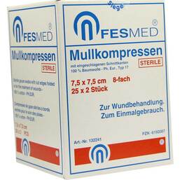 Abbildung: Mullkompressen ES 7,5x7,5 cm steril 8-fach 25X2 St, Kompressen PZN 06192087