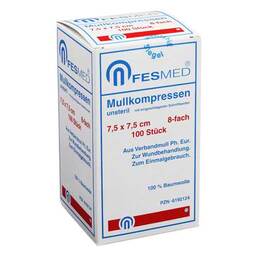 Abbildung: Mullkompressen ES 7,5x7,5 cm unsteril 8-fach 100 St, Kompressen PZN 06192124