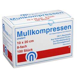 Abbildung: Mullkompressen ES 10x20 cm unsteril 8-fach Kompressen, 100 St PZN 06192147