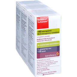 Abbildung: Symbicort Turbohaler 160 / 4,5 µg / Dosis 120 ED 3 St, Inhalationspulver PZN 06195849