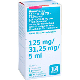 Abbildung: Amoxiclav 125 / 31,25 TS 1A Pharma Pulver z.Suspension -Herstellung 100 ml, Pulver zur Herstellung einer Suspension zum Einnehmen PZN 06304528