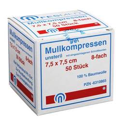 Abbildung: Mullkompressen ES 7,5x7,5 cm unsteril 8-fach Kompressen, 50 St PZN 06310865