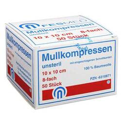 Abbildung: Mullkompressen ES 10x10 cm unsteril 8-fach 50 St, Kompressen PZN 06310871