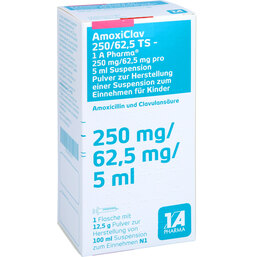Abbildung: Amoxiclav 250 / 62,5 TS 1A Pharma Pulver zur Suspensionsherstellung 100 ml, Pulver zur Herstellung einer Suspension zum Einnehmen PZN 06312031