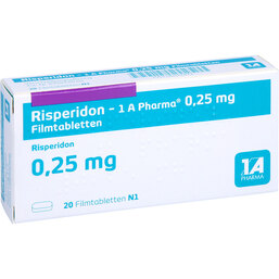 Abbildung: Risperidon 1A Pharma 0,25 mg Filmtabletten 20 St, Filmtabletten PZN 06322472