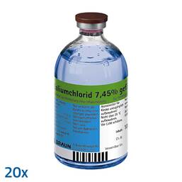 Abbildung: Kaliumchlorid lösung 7,45% Injektion Fl.gefärbt 20X100 ml, Infusionslösungskonzentrat PZN 06334682