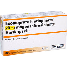 Abbildung: Esomeprazol ratiopharm 20 mg magensaftresistent Hartkapseln 30 St, Kapseln magensaftresistent PZN 06456741