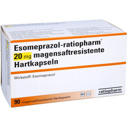 Abbildung: Esomeprazol ratiopharm 20 mg magensaftresistent Hartkapseln 90 St, Kapseln magensaftresistent PZN 06456770