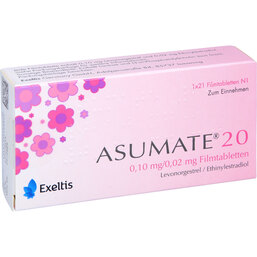 Abbildung: Asumate 20 0,10 mg / 0,02 mg Filmtabletten 21 St, Filmtabletten PZN 06481779