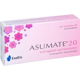 Abbildung: Asumate 20 0,10 mg / 0,02 mg Filmtabletten 3X21 St, Filmtabletten PZN 06482170