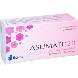 Abbildung: Asumate 20 0,10 mg / 0,02 mg Filmtabletten 6X21 St, Filmtabletten PZN 06482187