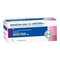 Abbildung: Amoxclav Hexal i.v.500 / 100mg Pulver zur Her.Injektion Infusion 10 St, Pulver zur Herstellung einer Injektions- oder Infusionslsg. PZN 06489120
