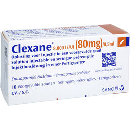 Abbildung: Clexane 80 mg 0,8 ml Injektionslösung in einer Fertigspritze 10 St, Injektionslösung in einer Fertigspritze PZN 06590534