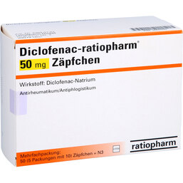 Abbildung: Diclofenac ratiopharm 50 mg Zäpfchen 50 St, Suppositorien PZN 06605945