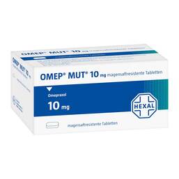 Abbildung: Omep Mut 10 mg magensaftresistente Tabletten 14 St, Tabletten magensaftresistent PZN 06766080