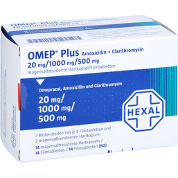 Abbildung: Omep Plus Amoxicillin + Clarithromycin Kombipackung 1 P, Kombipackung PZN 06800173