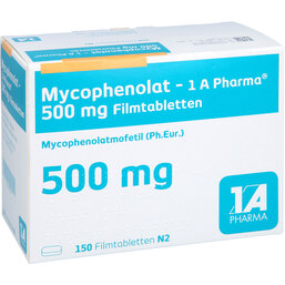 Abbildung: Mycophenolat 1A Pharma 500 mg Filmtabletten 150 St, Filmtabletten PZN 06810349
