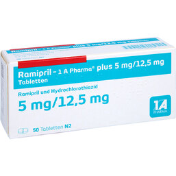 Abbildung: Ramipril 1A Pharma plus 5 mg / 12,5 mg Tabletten 50 St, Tabletten PZN 06835119