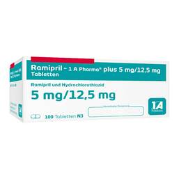 Abbildung: Ramipril 1A Pharma plus 5 mg / 12,5 mg Tabletten 100 St, Tabletten PZN 06835125