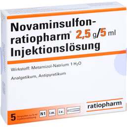 Abbildung: Novaminsulfon Ratiopharm 2,5 g / 5 ml Injektionslösung Ampullen 5 St, Injektionslösung PZN 06882780
