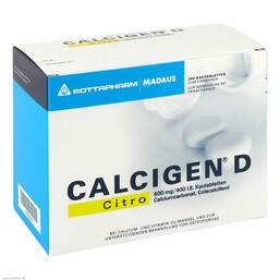 Abbildung: Calcigen D Citro 600 mg / 400 I.E. Kautabletten 200 St, Kautabletten PZN 06893714