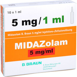 Abbildung: Midazolam 5 mg / 1 ml B.Braun Glas Injektion - / Infusionslösung 10X1 ml, Injektions-/Infusionslösung PZN 07028651