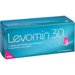 Abbildung: Levomin 30 30 Mikrogramm / 150 Mikrogramm Filmtabletten 6X21 St, Filmtabletten PZN 07125101