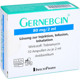 Abbildung: Gernebcin 80 mg / 2 ml Lösung z.Injektion / Infusion / Inhalat. 10X2 ml, Lösung zur Injektion, Infusion und Inhalation PZN 07151535