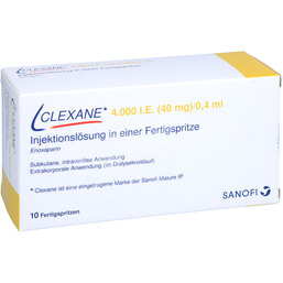 Abbildung: Clexane 40 mg 0,4 ml Fertigspritzen 10 St, Injektionslösung in einer Fertigspritze PZN 07189822