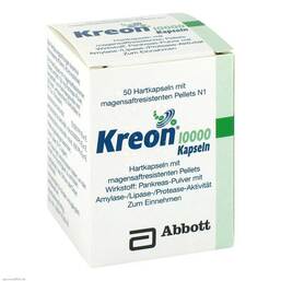 Abbildung: Kreon 10.000 Hartkapseln mit magensaftresistent überzogene Pellets Hartkapseln mit magensaftresistent überzogenen Pellets, 50 St PZN 07202899