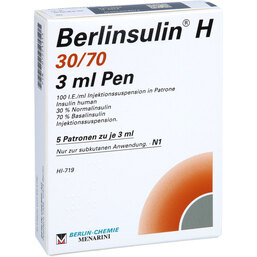 Abbildung: Berlinsulin H 30 / 70 Pen Injektionssuspension 5X3 ml, Injektionssuspension PZN 07221313