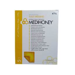 Abbildung: Medihoney Antibakterieller Tüllverband 10x10cm 5 St, Verband PZN 07299456