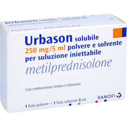 Abbildung: Urbason solubile forte 250 1X5 ml, Pulver u Lösungsm. z. Herst. e.Injektions- bzw. Infusionsl. PZN 07359460