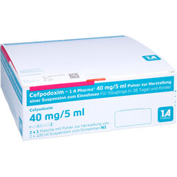 Abbildung: Cefpodoxim 1A Pharma 40mg / 5ml Pulver zur He.einer Suspension 2X100 ml, Pulver zur Herstellung einer Suspension zum Einnehmen PZN 07385428