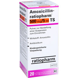 Abbildung: Amoxicillin ratiopharm 500mg / 5ml TS Granulat Suspension-Herstellung 100 ml, Pulver zur Herstellung einer Suspension zum Einnehmen PZN 07561598