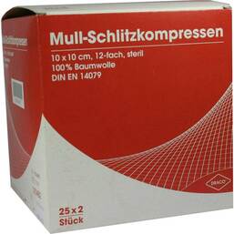 Abbildung: Schlitzkompressen Mull 10x10 25X2 St, Kompressen PZN 07574477