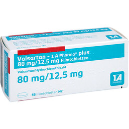 Abbildung: Valsartan 1A Pharma plus 80 / 12,5 mg Filmtabletten 56 St, Filmtabletten PZN 07580756